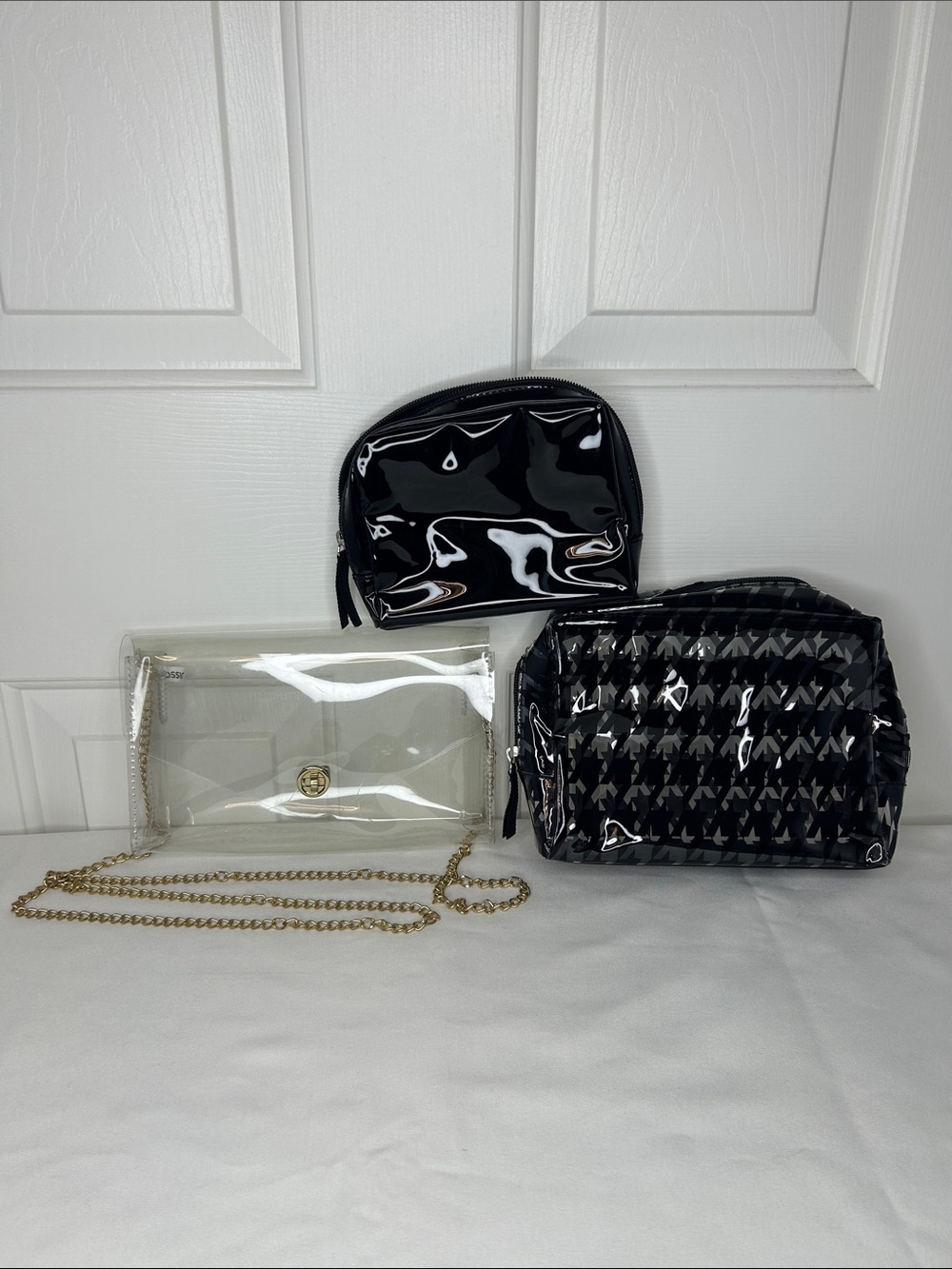 Clear PVC Crossbody Bag with Gold Chain and Black Pouches